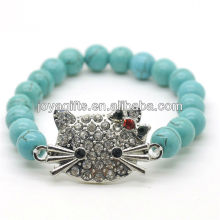 Turquoise 8MM Round Beads Stretch Gemstone Bracelet with Diamante alloy cat head Piece